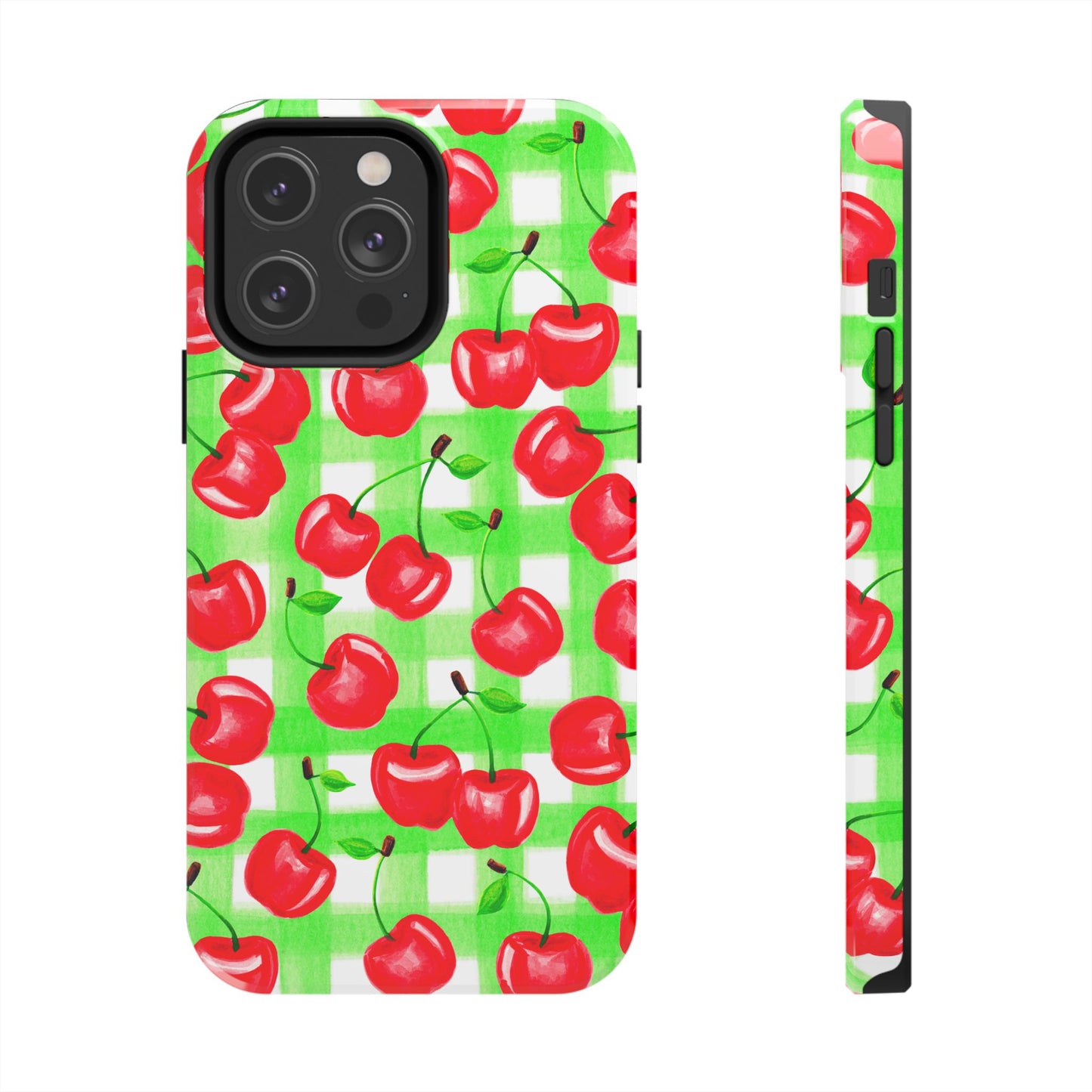 Red Tossed Cherries Green Gingham Watercolor Illustrated Tough Phone Case | Various Models Available