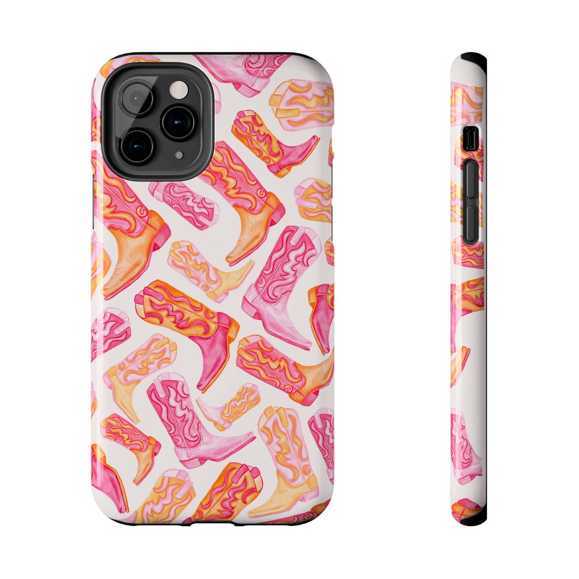 Tossed Hot Pink & Orange Watercolor Cowboy Boots Tough Light Pink Phone Case | Various Models Available iPhone 11 Pro