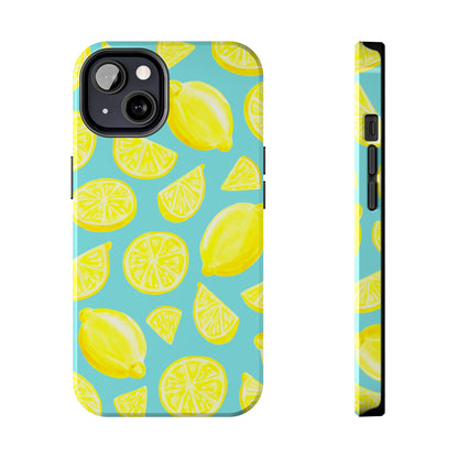 Bright Yellow Lemons Watercolor Illustrated Tossed Pattern Turquoise Blue Tough Phone Case | Various Models