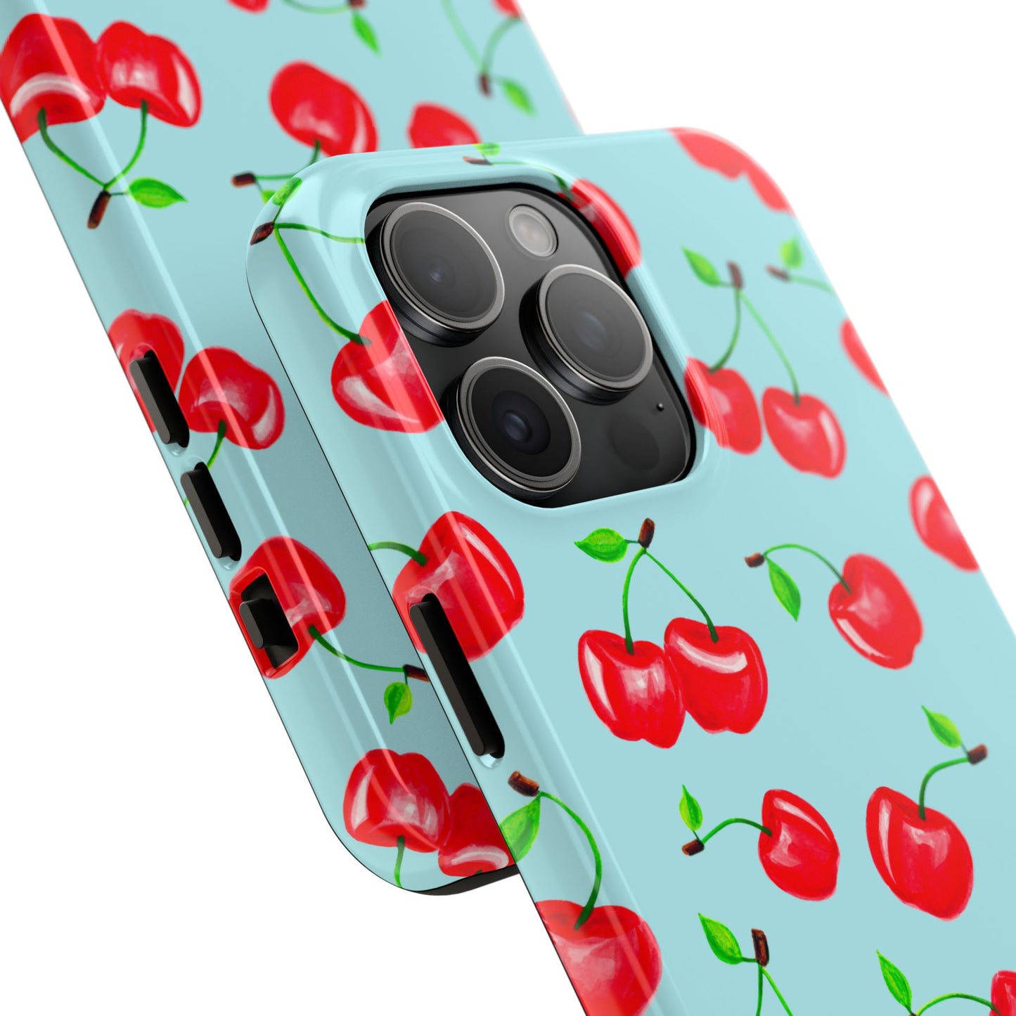 Tossed Red Watercolor Cherries Illustrated Pattern Bright Blue Tough Phone Case | Various Models