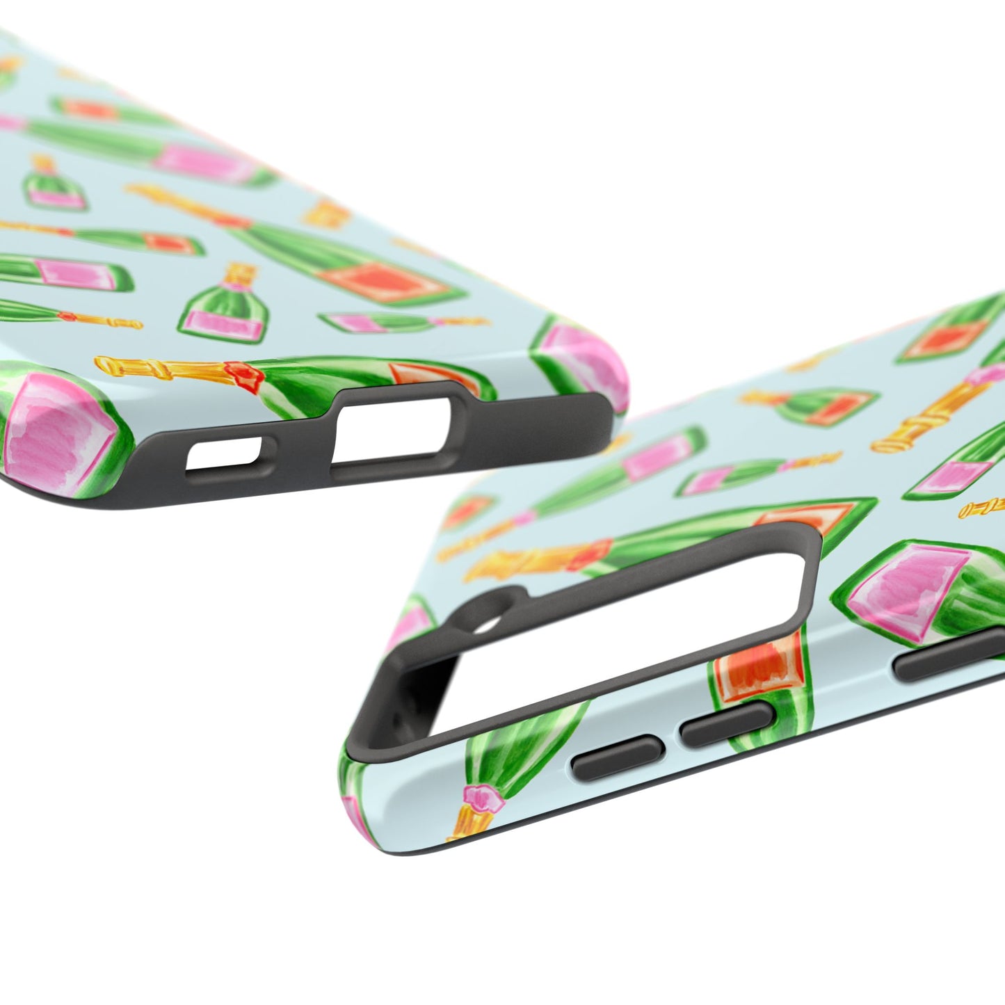 Tossed Pink and Green & Orange and Green Watercolor Illustrated Champagne Bottles Pattern Light Blue Tough Phone Case | Various Models