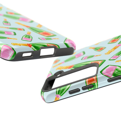 Tossed Pink and Green & Orange and Green Watercolor Illustrated Champagne Bottles Pattern Light Blue Tough Phone Case | Various Models