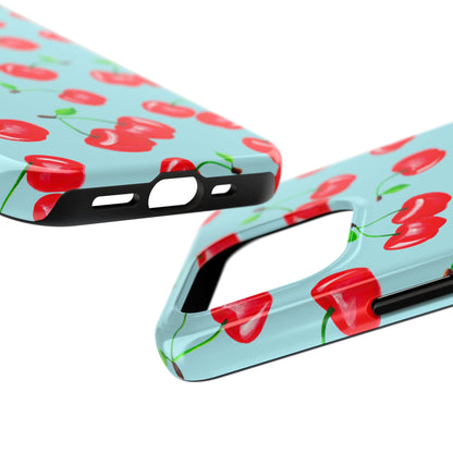 Tossed Red Watercolor Cherries Illustrated Pattern Bright Blue Tough Phone Case | Various Models