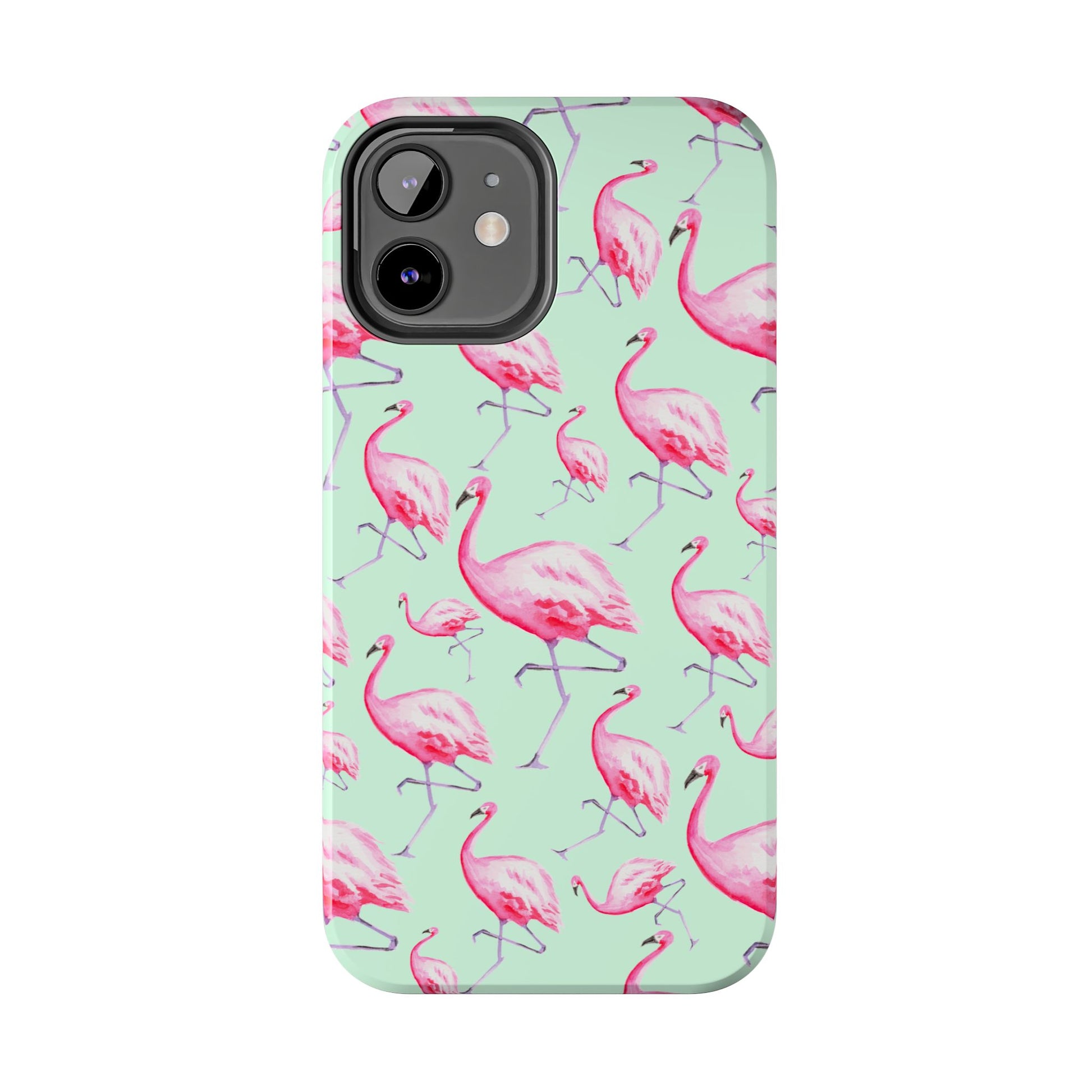 Pink Flamingos Watercolor Illustrated Tossed Pattern Green Phone Case | Various Models