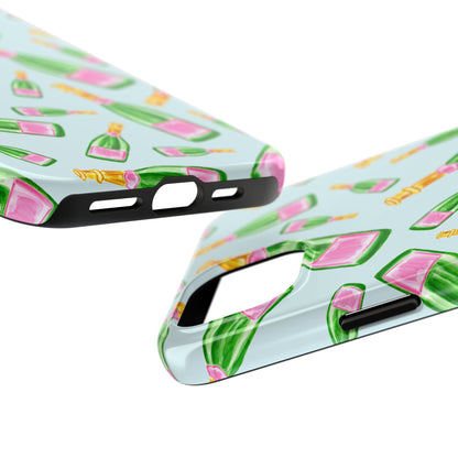 Tossed Pink and Green Watercolor Illustrated Champagne Bottles Pattern Light Blue Tough Phone Case | Various Models