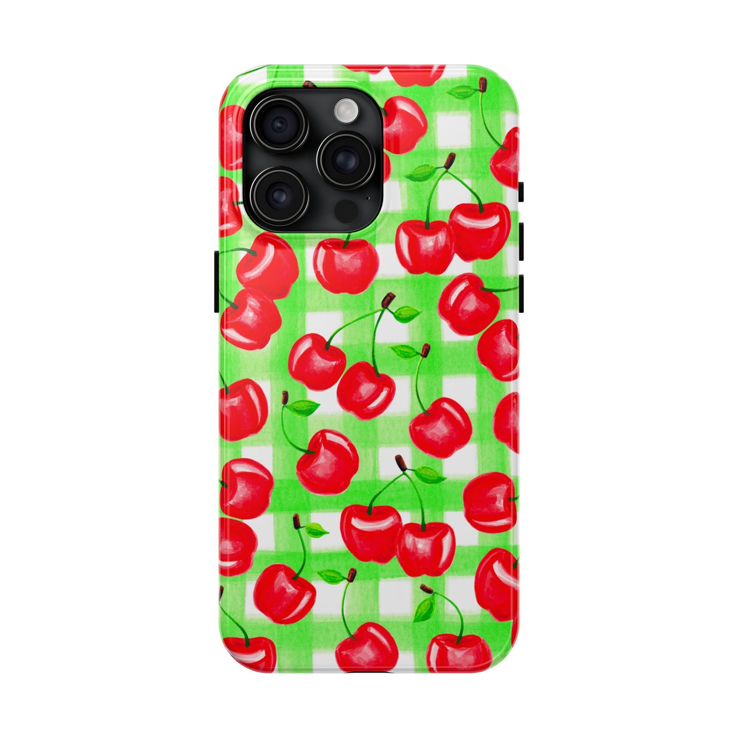 Red Tossed Cherries Green Gingham Watercolor Illustrated Tough Phone Case | Various Models Available