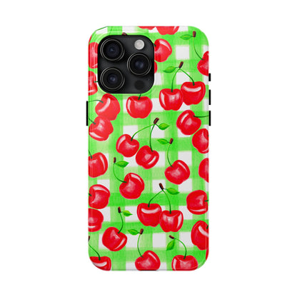Red Tossed Cherries Green Gingham Watercolor Illustrated Tough Phone Case | Various Models Available