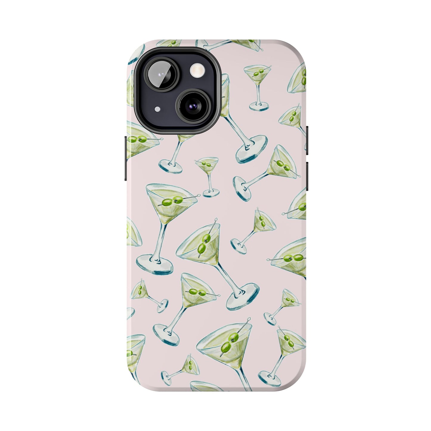 Watercolor Blue and Green Martinis Tossed Illustrated Pattern Blush Pink Tough Phone Case | Various Models