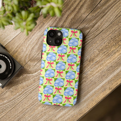 Blue Watercolor Hydrangea Bouquets with Hot Pink Bows Illustrated Patterned Yellow Preppy Grand Millenial Tough Phone Case | Various Models