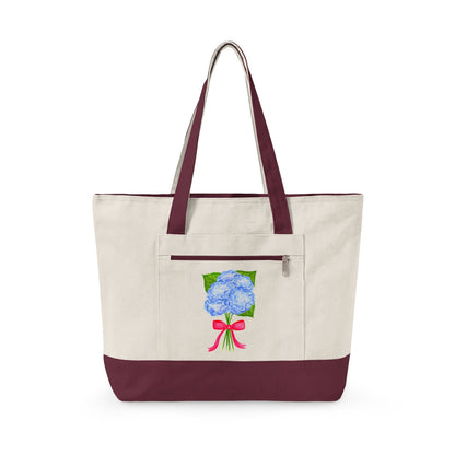 Blue Watercolor Hydrangeas with Hot Pink Bow Illustration Printed Zippered Canvas Tote 18" x 14" | Various Colors