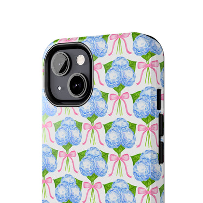 Blue Watercolor Hydrangea Bouqets with Light Pink Bows Watercolor Illustrated Patterned Tough Phone Case | Various Models