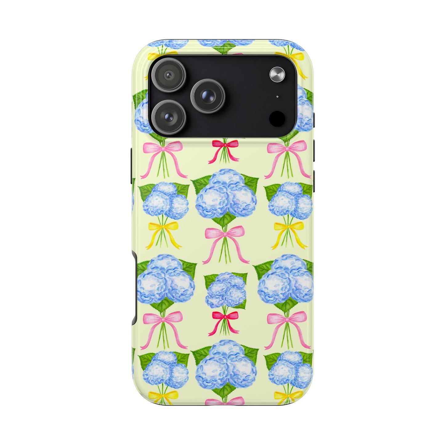 Blue Hydrangeas with Hot Pink, Yellow, Light Pink Bows Watercolor Illustrated Patterned Light Yellow Tough Phone Case | Various Models