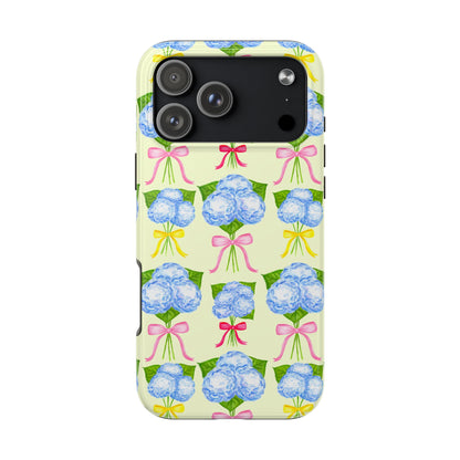 Blue Hydrangeas with Hot Pink, Yellow, Light Pink Bows Watercolor Illustrated Patterned Light Yellow Tough Phone Case | Various Models