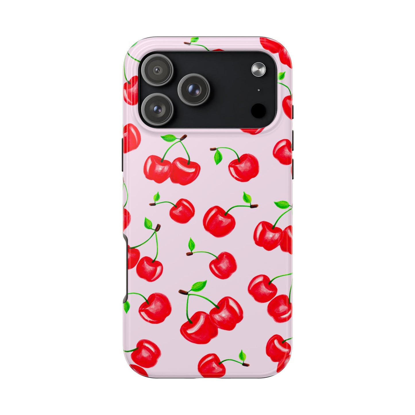 Tossed Red Watercolor Cherries Illustrated Pattern Light Pink Tough Phone Case | Various Models