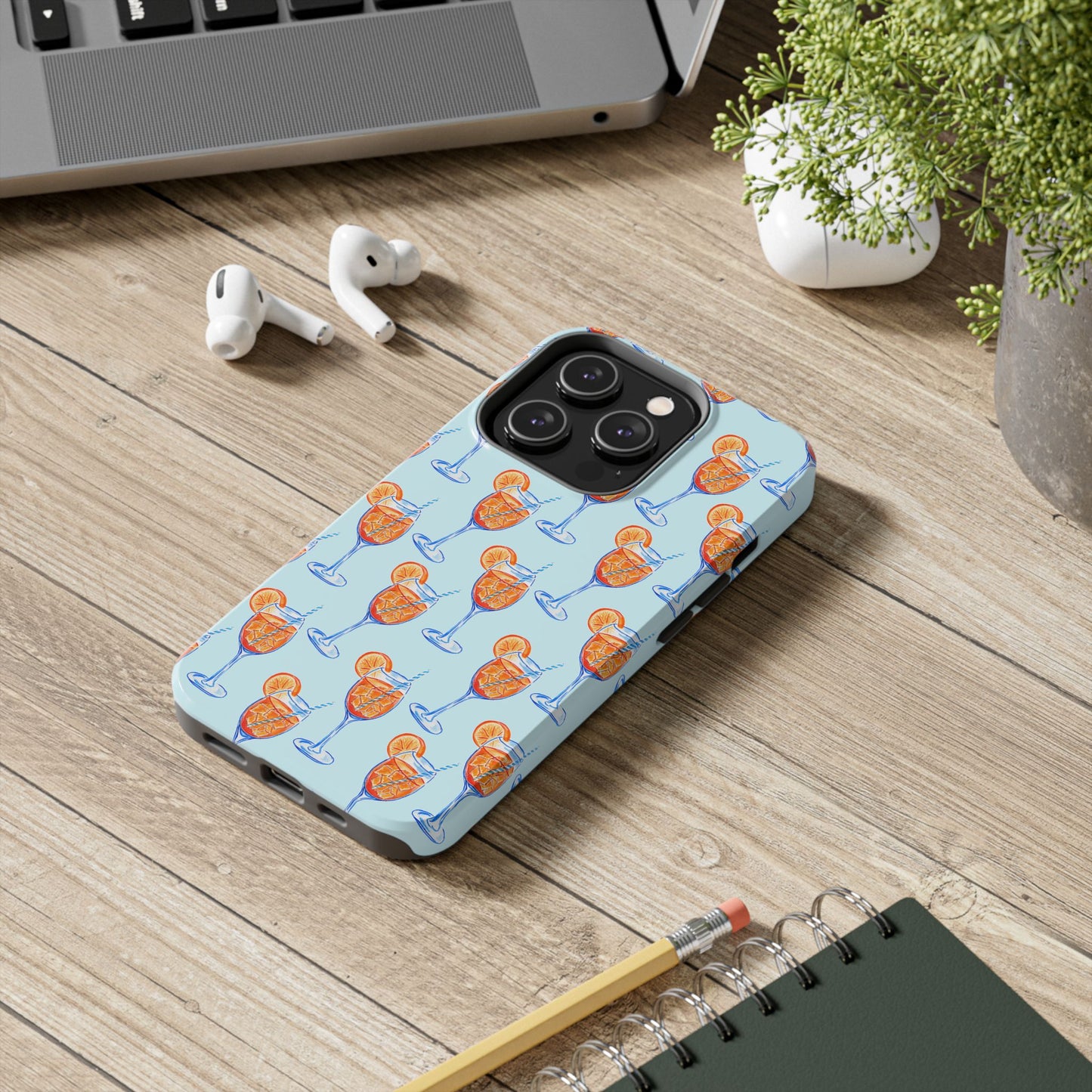 Orange & Blue Aperol Spritz Watercolor Pattern Turquoise Phone Case | Various Models