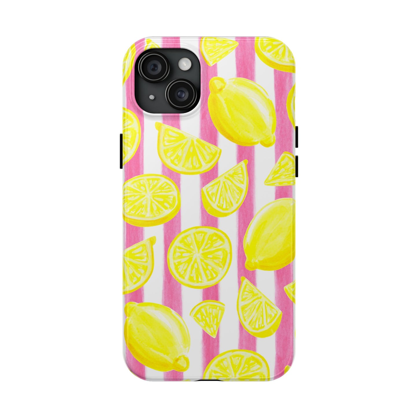 Pink Lemonade Yellow Lemons with Pink & White Watercolor Stripes Tough Phone Case