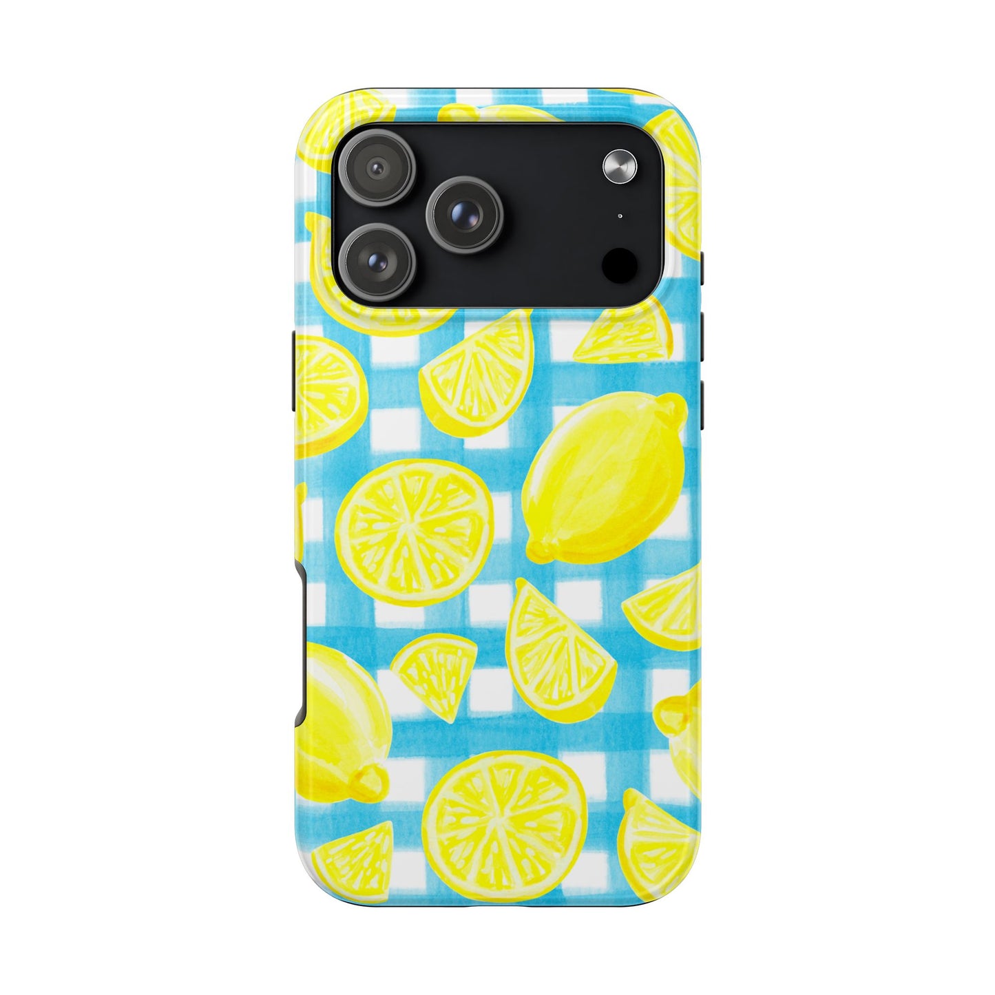 Yellow Lemons & Turquoise Gingham Watercolor Illustrated Tough Phone Case | Various Models Available