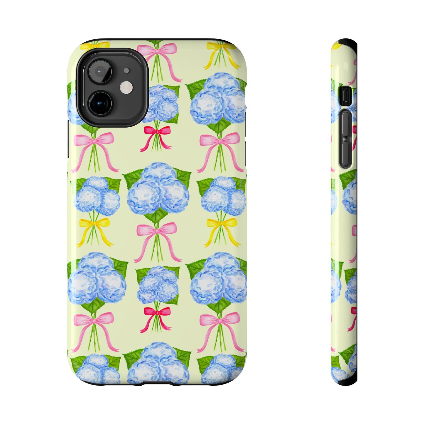 Blue Hydrangeas with Hot Pink, Yellow, Light Pink Bows Watercolor Illustrated Patterned Light Yellow Tough Phone Case | Various Models
