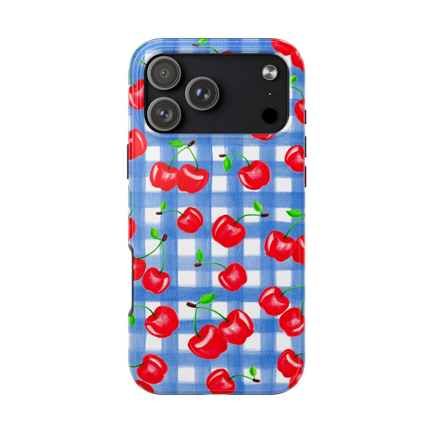 Tossed Red Watercolor Illustrated Cherries Light Blue Gingham Tough Phone Case | Various Models