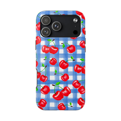 Tossed Red Watercolor Illustrated Cherries Light Blue Gingham Tough Phone Case | Various Models