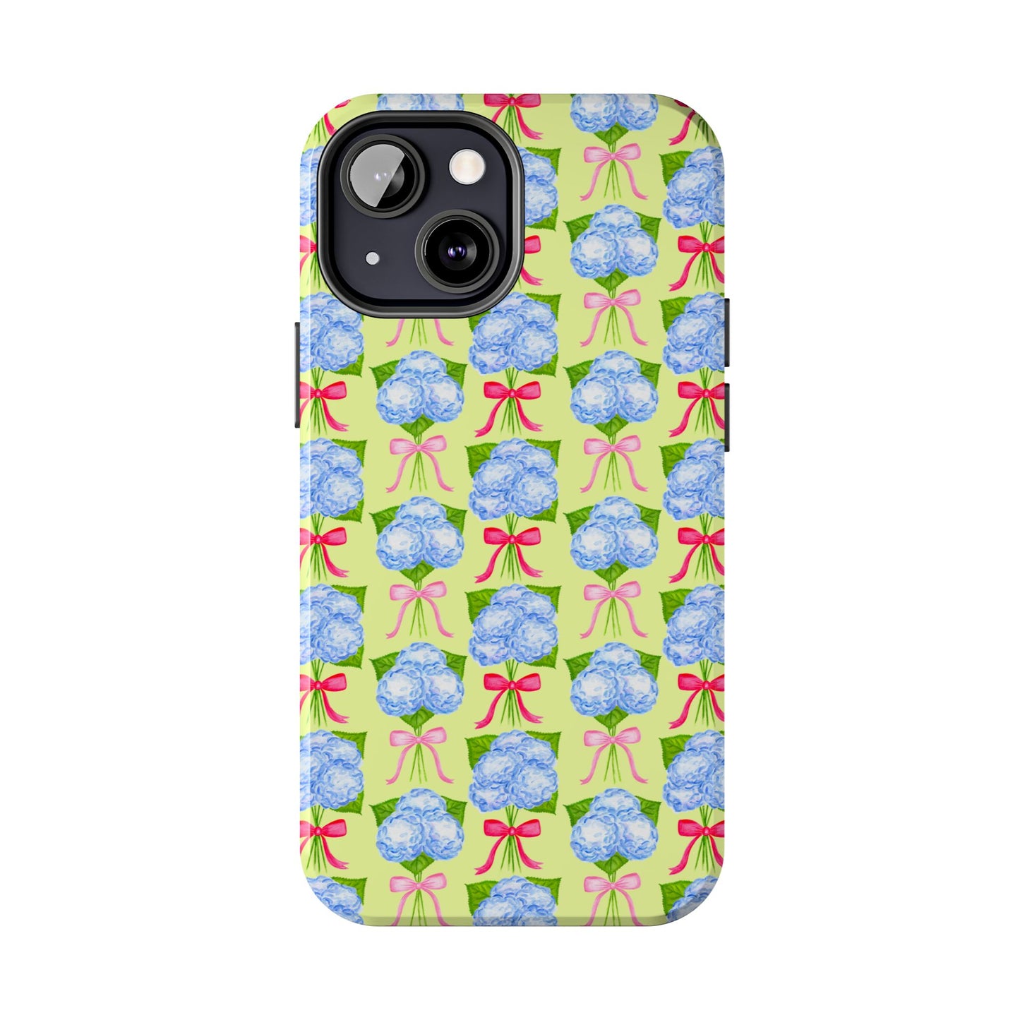 Watercolor Blue Hydrangea Bouquets with Hot Pink and Light Pink Bow Ribbons Illustrated Pattern Yellow Tough Phone Case | Various Models