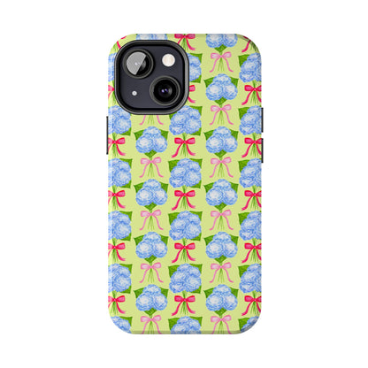 Watercolor Blue Hydrangea Bouquets with Hot Pink and Light Pink Bow Ribbons Illustrated Pattern Yellow Tough Phone Case | Various Models
