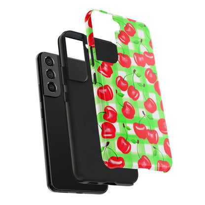 Red Tossed Cherries Green Gingham Watercolor Illustrated Tough Phone Case | Various Models Available