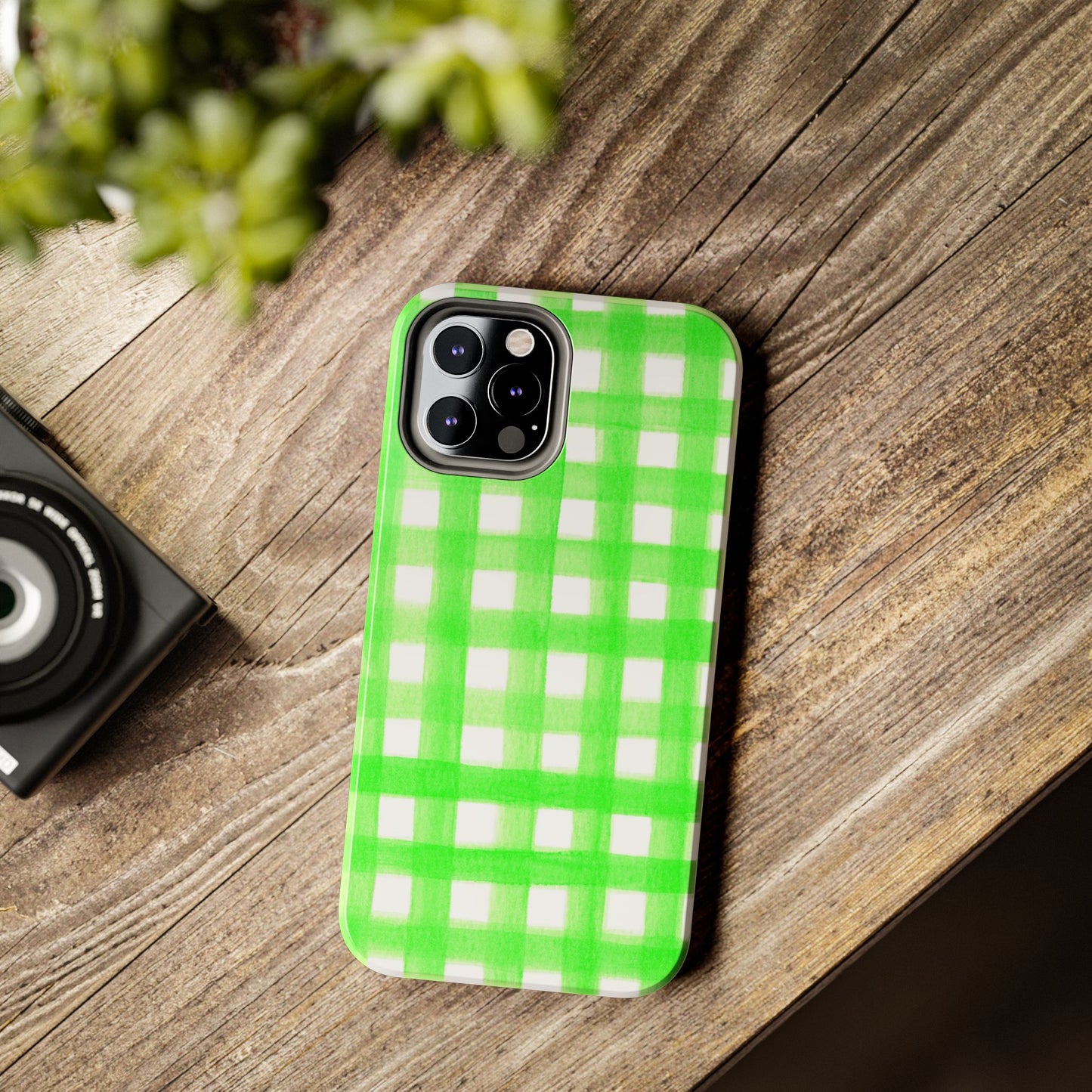 Lime Green Gingham Watercolor Illustrated Tough Phone Case | Various Models Available