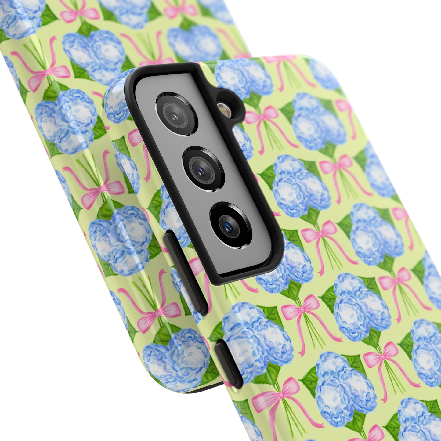 Blue Watercolor Hydrangea Bouquets with Light Pink Bows Watercolor Illustrated Patterned Yellow Tough Phone Case | Various Models