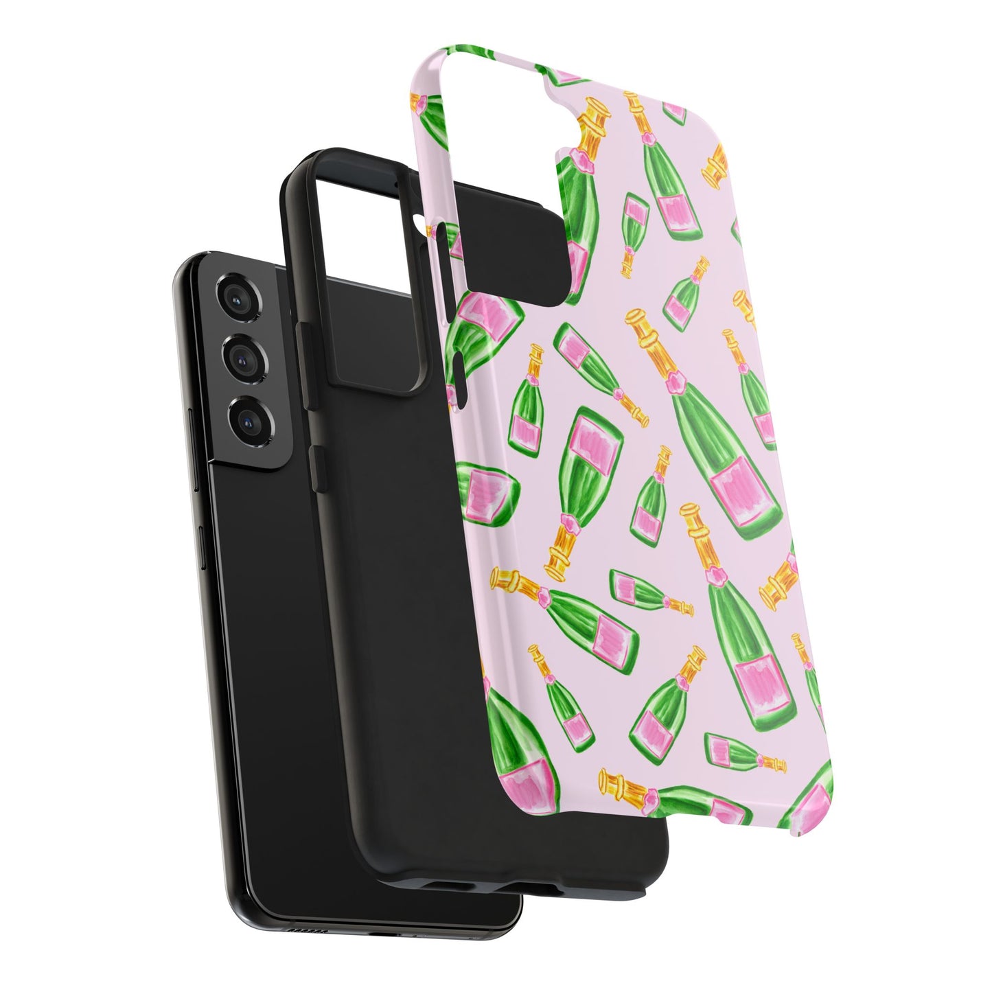 Tossed Pink and Green Watercolor Illustrated Champagne Bottles Pattern Blush Pink Tough Phone Case | Various Models