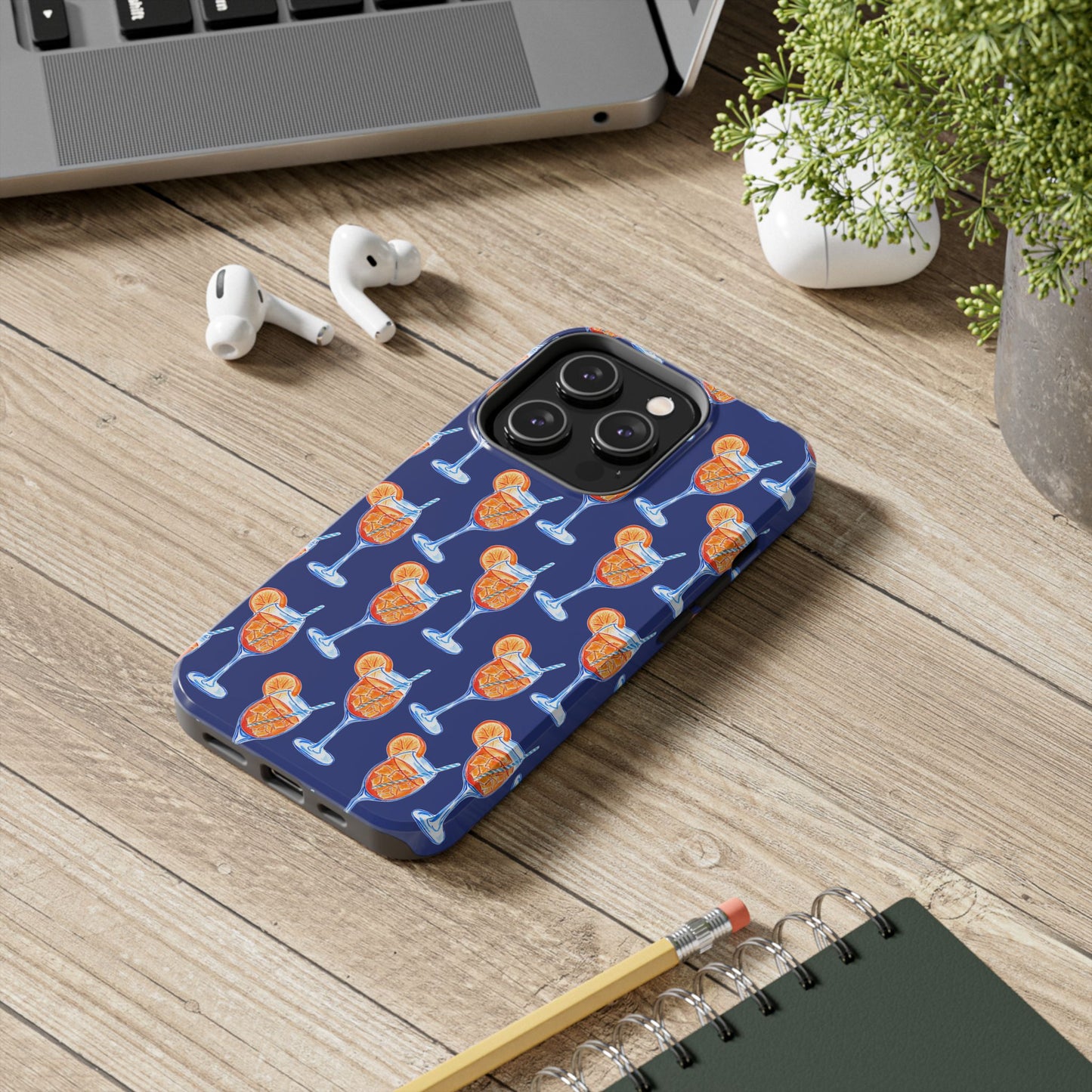 Orange & Blue Aperol Spritz Watercolor Pattern Navy Tough Case | Various Models