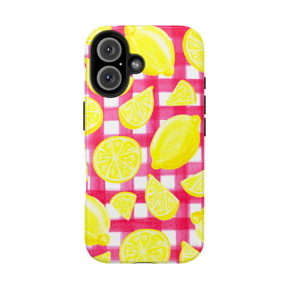 Yellow Lemons & Hot Pink Gingham Watercolor Illustrated Tough Phone Case | Various Models Available