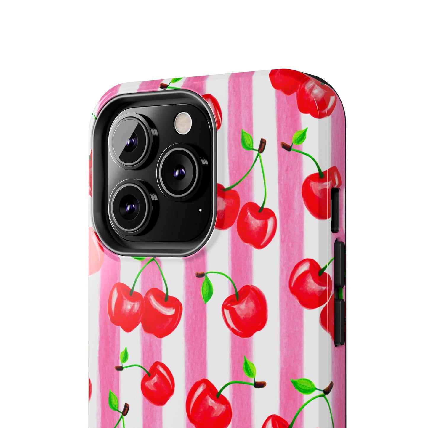 Tossed Red Watercolor Cherries Illustrated Pattern Light Pink Stripes Tough Phone Case | Various Models