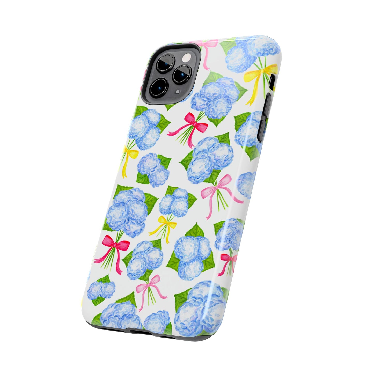 Blue Watercolor Hydrangea Bunches with Hot Pink, Yellow, Light Pink Bows Illustrated Patterned Tough Phone Case | Various Models
