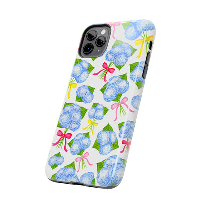 Blue Watercolor Hydrangea Bunches with Hot Pink, Yellow, Light Pink Bows Illustrated Patterned Tough Phone Case | Various Models