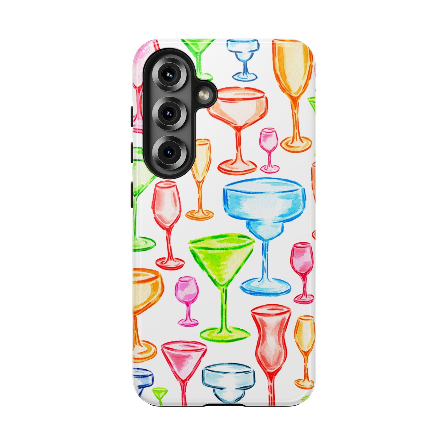 Monochromatic Margarita, Wine, Martini, and Champagne Flute Cocktail Glasses Watercolor Illustrated Tough Phone Case | Various Models Available