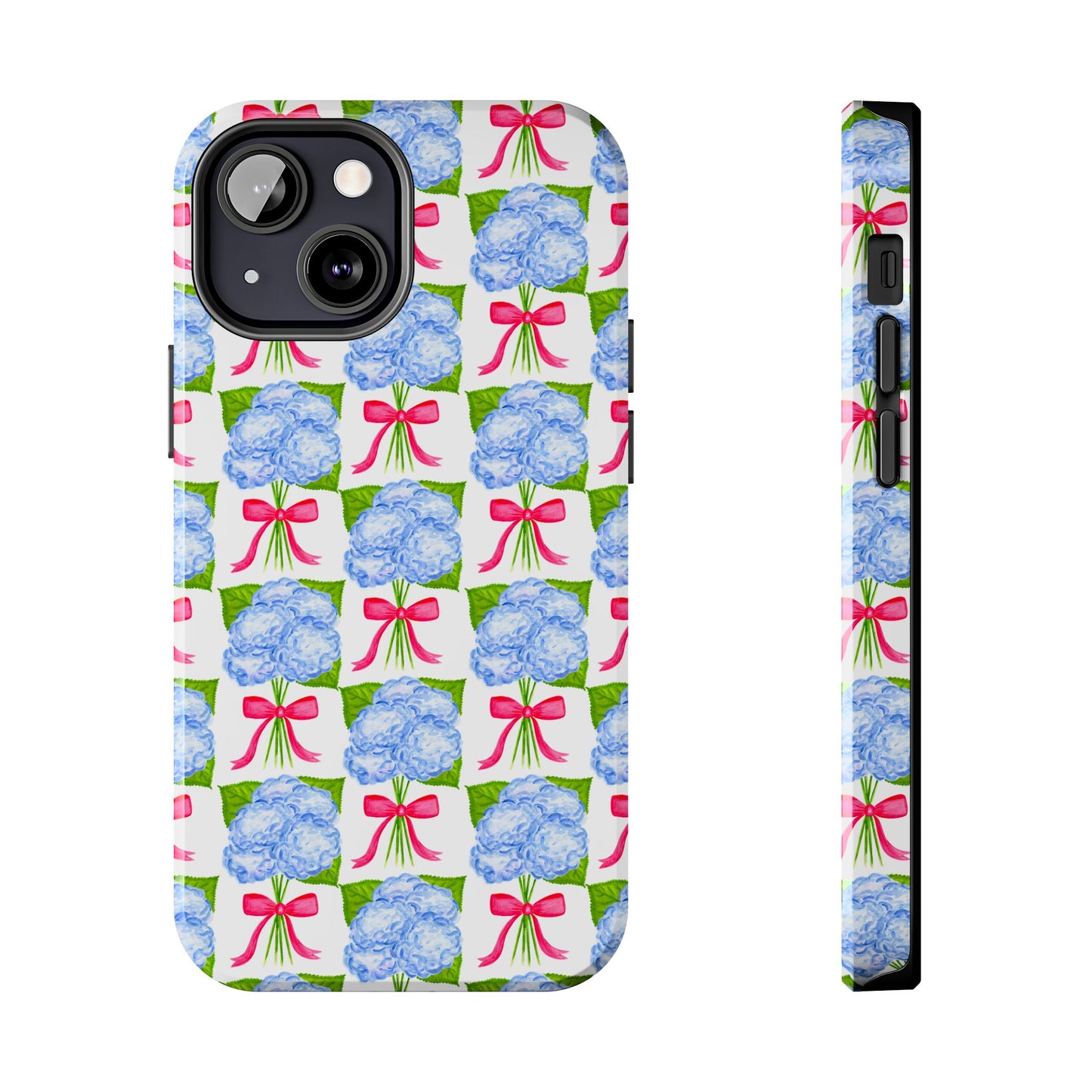 Blue Watercolor Hydrangea Bouquets with Hot Pink Bows Illustrated Patterned Tough Phone Case | Various Models