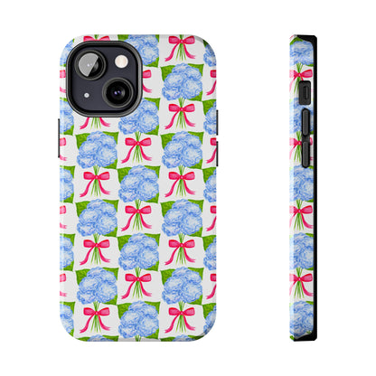 Blue Watercolor Hydrangea Bouquets with Hot Pink Bows Illustrated Patterned Tough Phone Case | Various Models