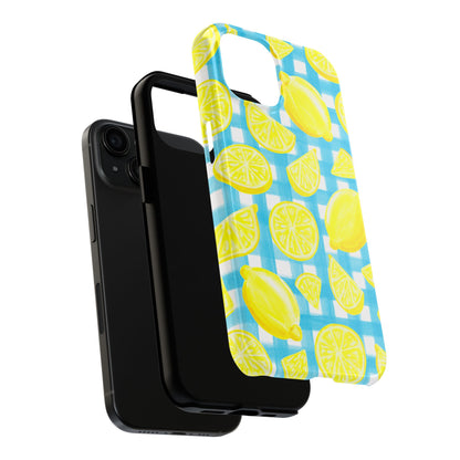 Bright Yellow Lemons Watercolor Illustrated Tossed Pattern Turquoise Gingham Tough Phone Case | Various Models