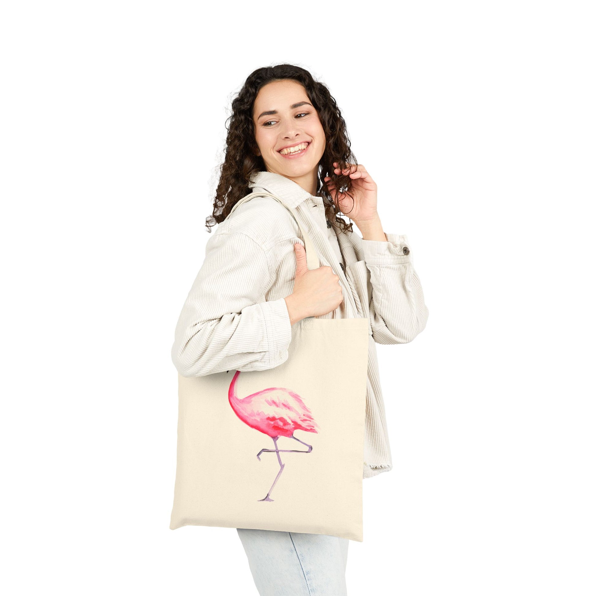 Pink Flamingo Watercolor Illustrated Canvas Tote