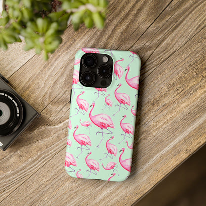 Pink Flamingos Watercolor Illustrated Tossed Pattern Green Phone Case | Various Models