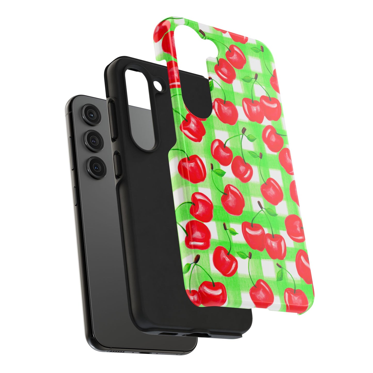 Red Tossed Cherries Green Gingham Watercolor Illustrated Tough Phone Case | Various Models Available