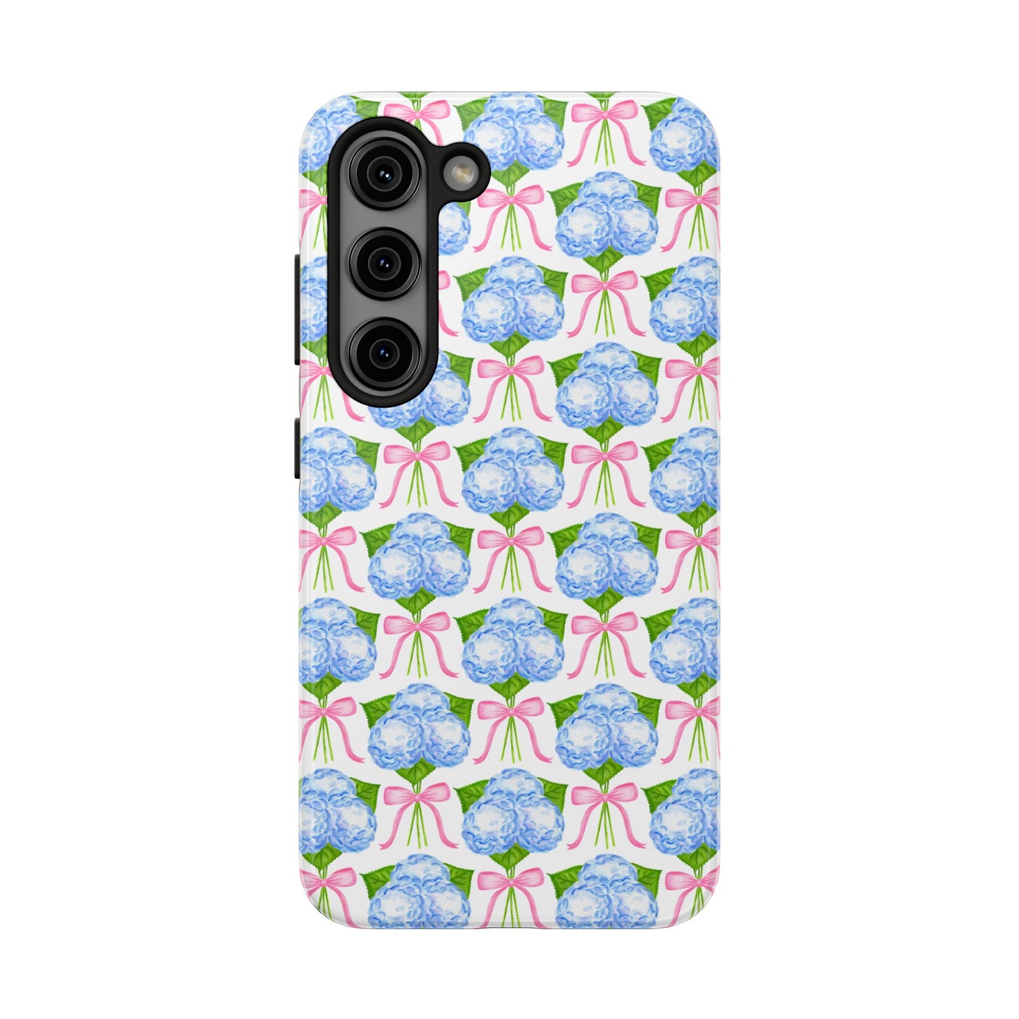 Blue Watercolor Hydrangea Bouqets with Light Pink Bows Watercolor Illustrated Patterned Tough Phone Case | Various Models