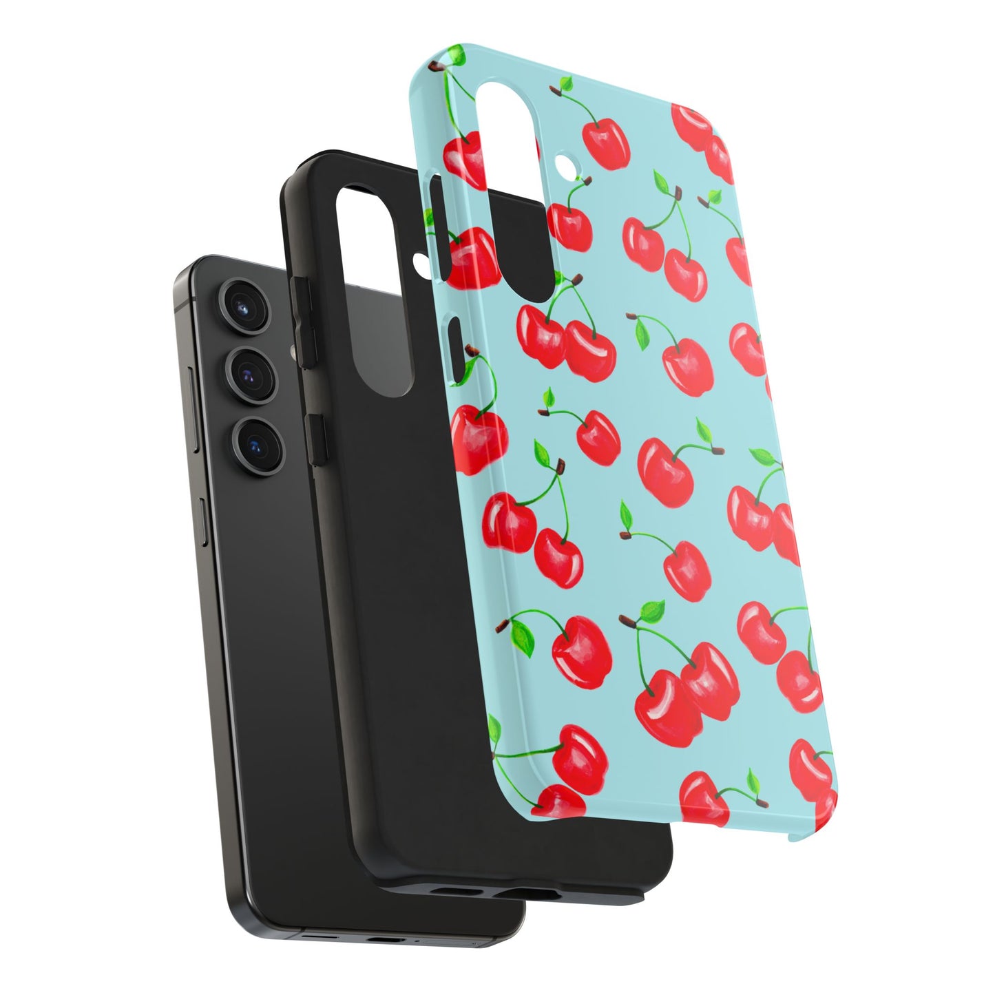 Tossed Red Watercolor Cherries Illustrated Pattern Bright Blue Tough Phone Case | Various Models