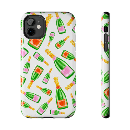 Tossed Pink and Green & Orange and Green Watercolor Illustrated Champagne Bottles Pattern Tough Phone Case | Various Models