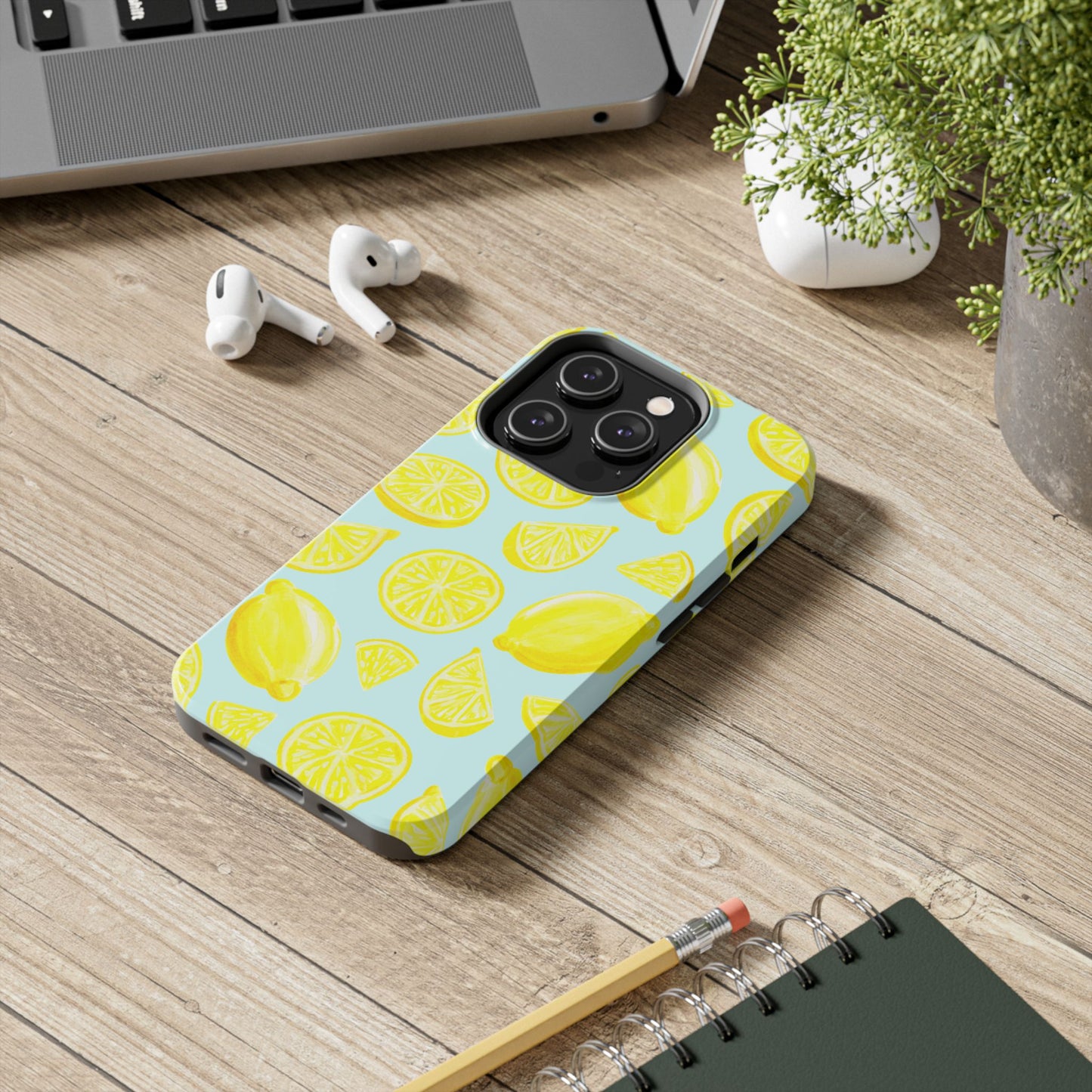 Bright Yellow Lemons Watercolor Illustrated Tossed Pattern Light Blue Tough Phone Case | Various Models