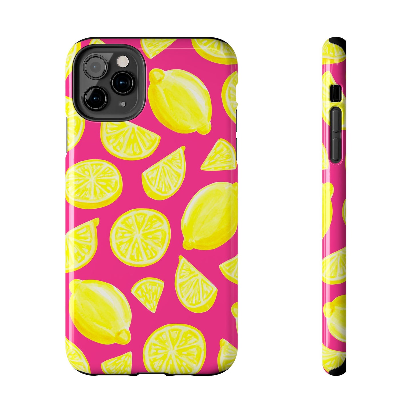 Bright Yellow Lemons Watercolor Illustrated Tossed Pattern Watermelon Pink Tough Phone Case | Various Models
