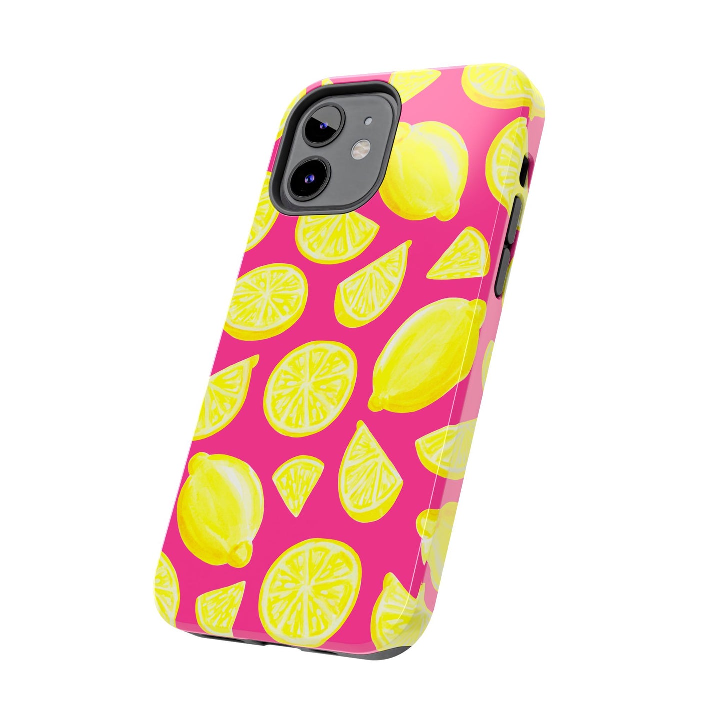 Bright Yellow Lemons Watercolor Illustrated Tossed Pattern Watermelon Pink Tough Phone Case | Various Models