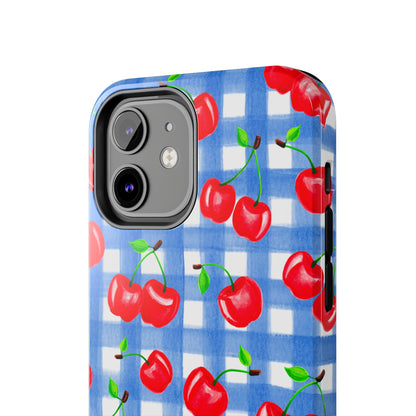 Tossed Red Watercolor Illustrated Cherries Light Blue Gingham Tough Phone Case | Various Models