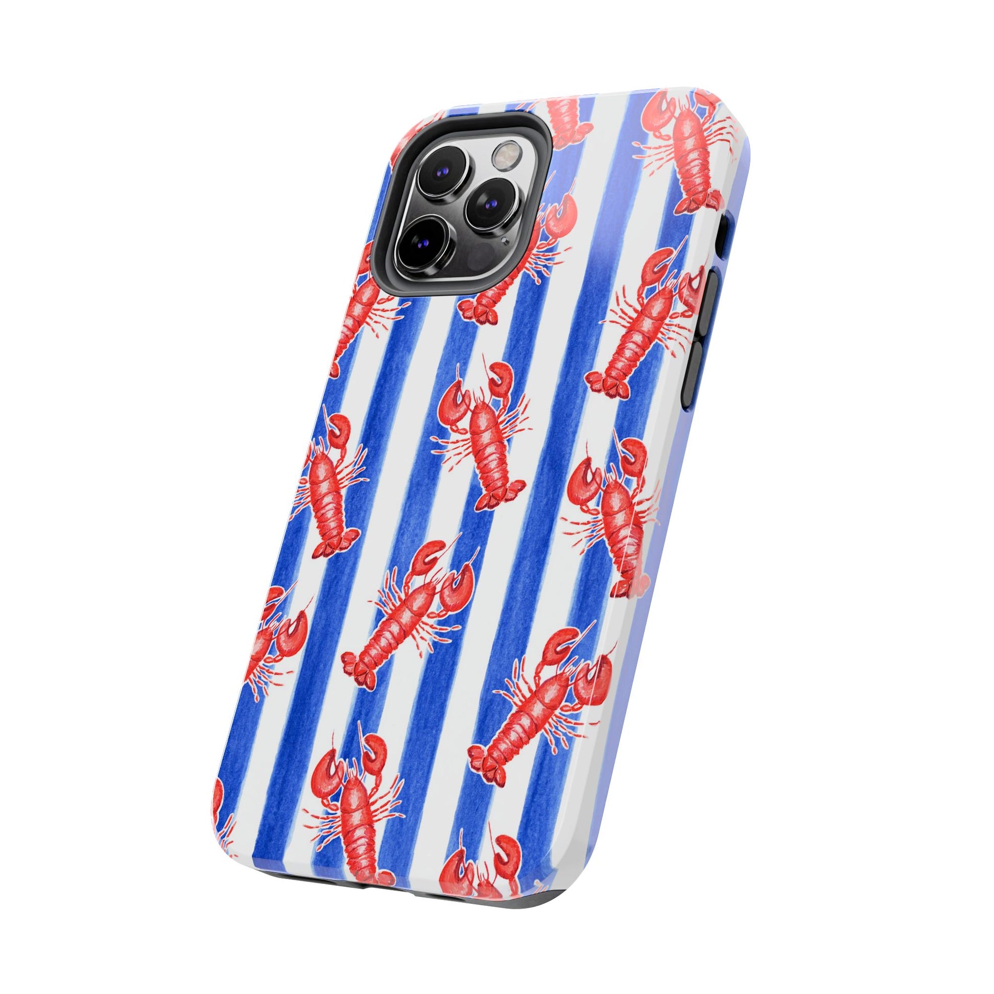 Blue & White Strip Red Lobster Watercolor Patterned Phone Case | Various Models